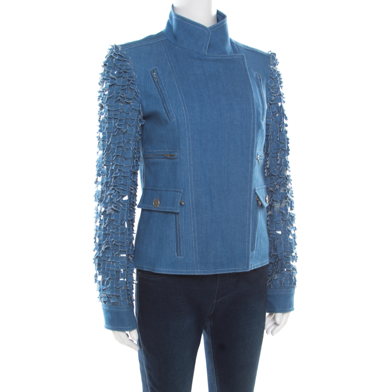 

Chanel Indigo Light Wash Denim Textured Applique Sleeve Detail Jacket, Blue