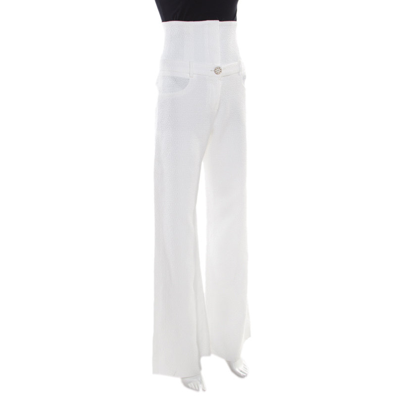 

Chanel White Textured Cotton High Waisted Wide Leg Trousers