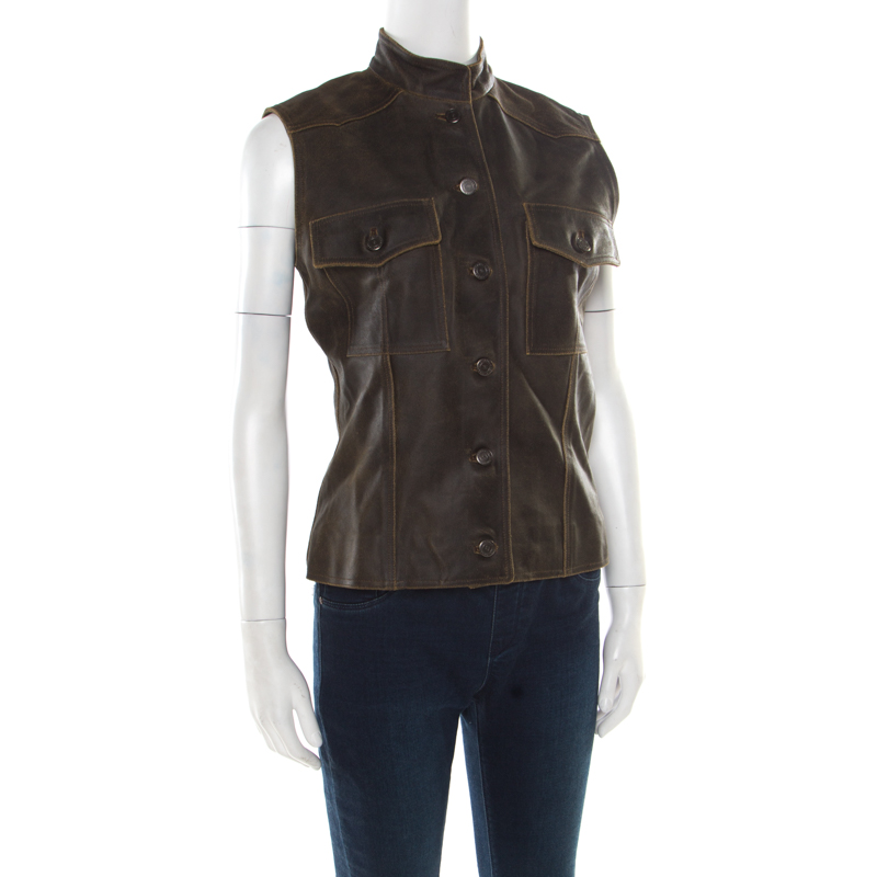 

Chanel Vintage Dark Brown Calfskin Leather Button Front Vest