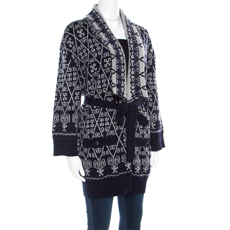 

Chanel Navy Blue and White Patterned Knit Cashmere Belted Cardigan