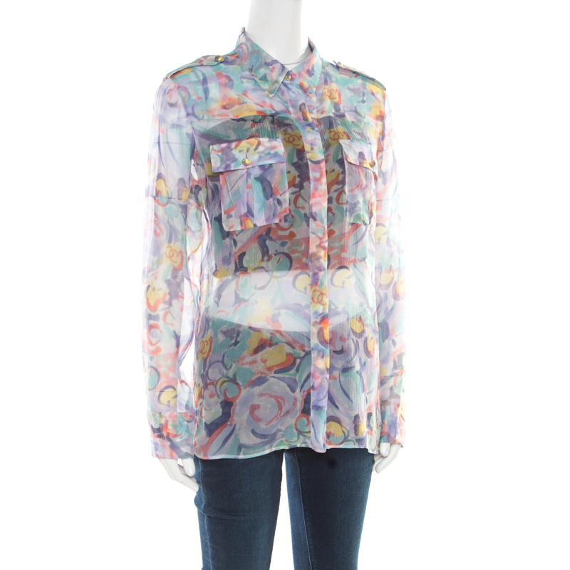 

Chanel Multicolor Seafoam Logo Print Sheer Silk Chiffon Blouse