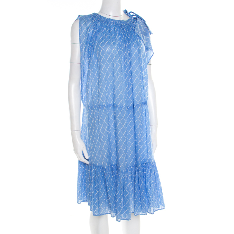 

Chanel Blue Printed Cotton Shoulder Tie Detail Dress