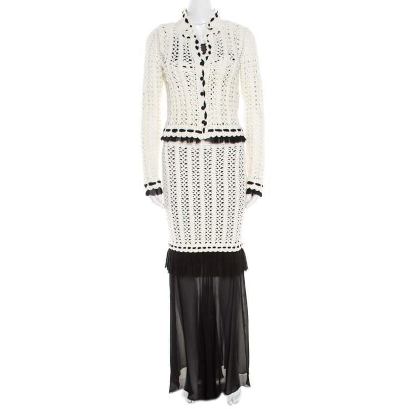 Chanel Monochrome Knit Crochet Blazer Top and Maxi Skirt Set S