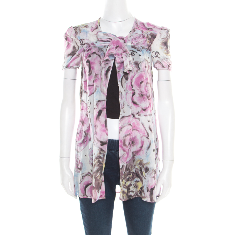 Chanel Multicolor Floral Printed Cotton Neck Tie Detail Open Front Blouse S
