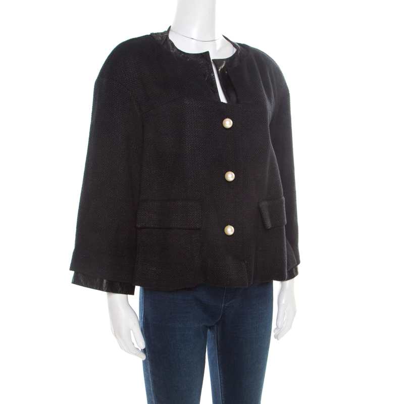 

Chanel Black Textured Knit Leather Trim Logo Pearl Button Jacket