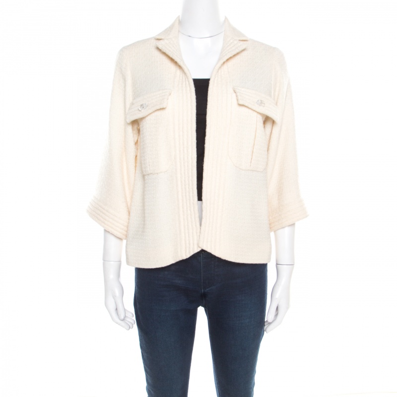 Chanel Cream Textured Wool Open Front Jacket S