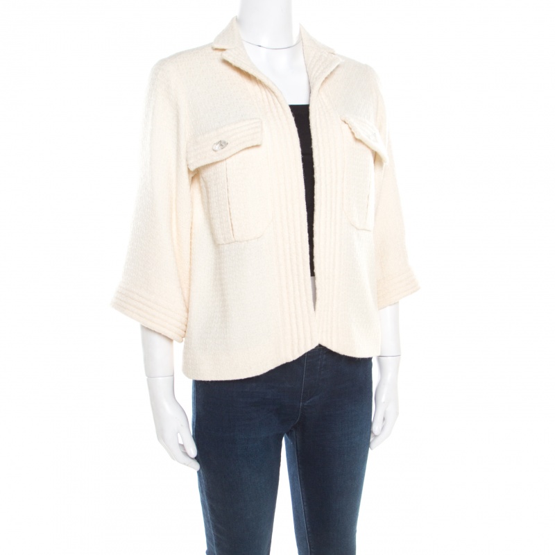 

Chanel Cream Textured Wool Open Front Jacket