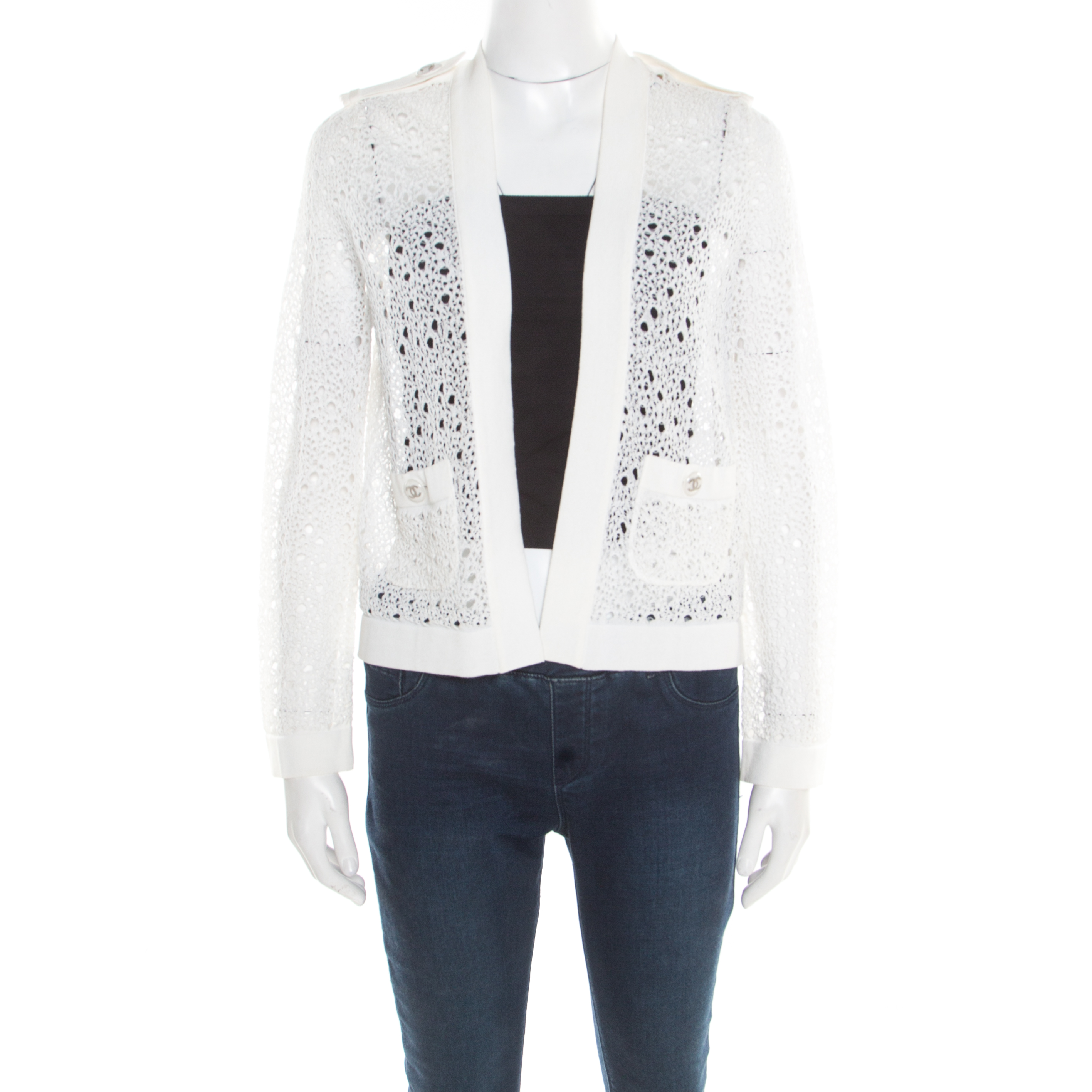 Chanel Off White Perforated Crochet Knit Button Front Cardigan S