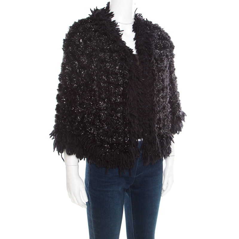 

Chanel Black and Silver Perforated Crochet Knit Fringed Cropped Jacket