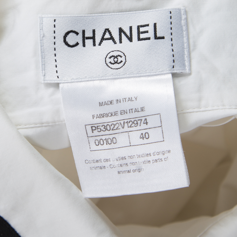 chanel white cotton contrast neck tie detail cropped blouse m