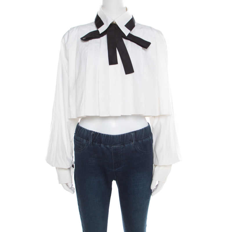 Chanel White Cotton Contrast Neck Tie Detail Cropped Blouse M Chanel