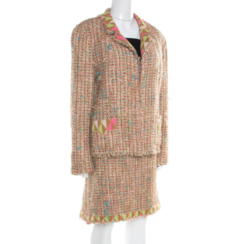 

Chanel Vintage Multicolor Textured Tweed Jersey Lined Skirt Suit