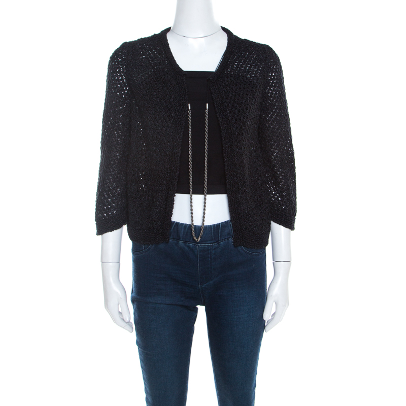 Chanel Black Open Weave Silver Tone Chain Detail Cropped Cardigan M ...