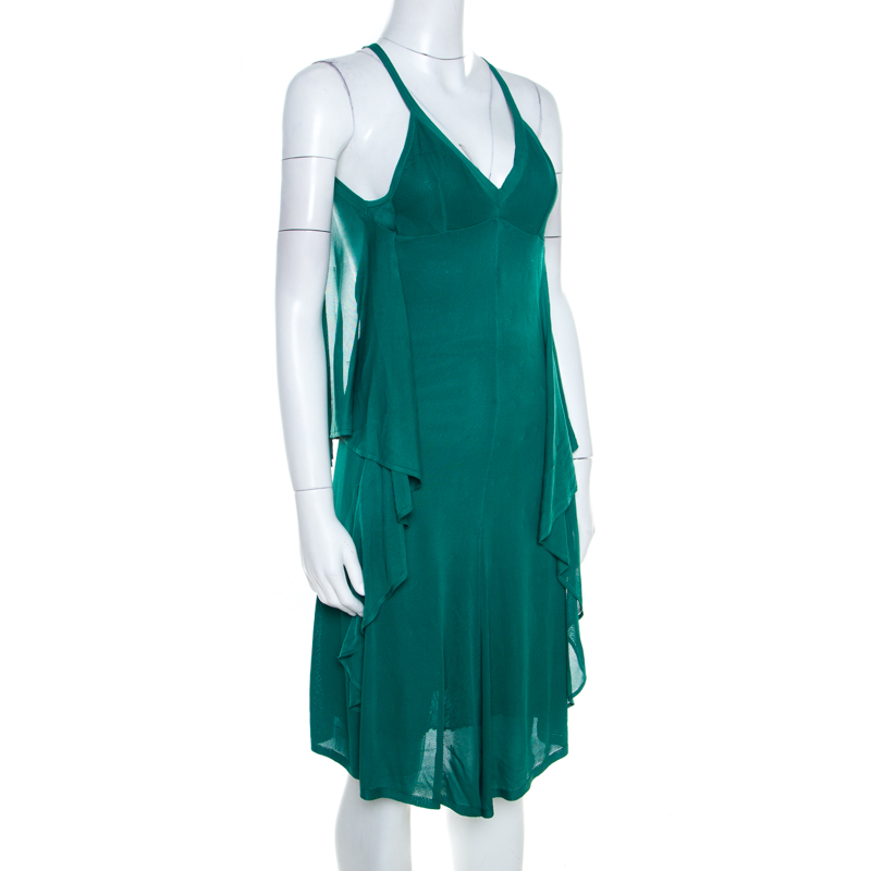 

Chanel Emerald Green Perforated Mesh Knit Back Tie Detail Draped Dress