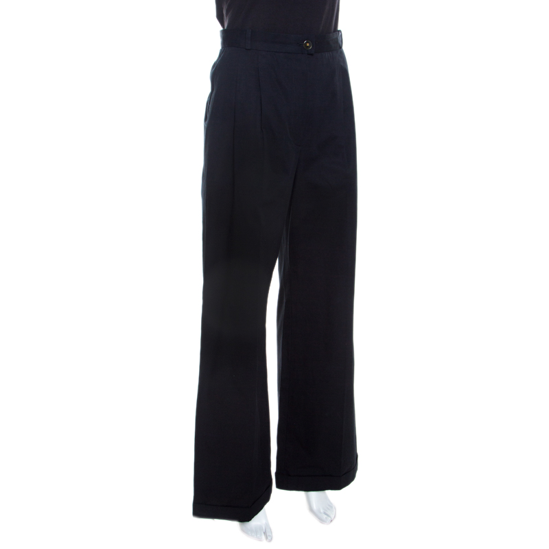 

Chanel Navy Blue Cotton High Waist Tailored Wide Leg Trousers