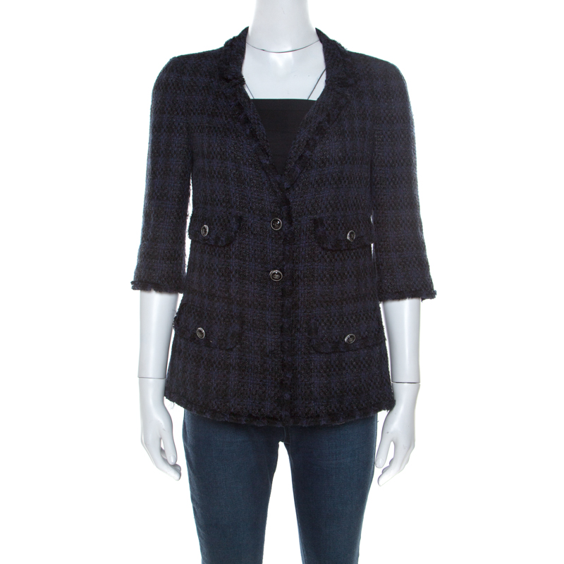 Chanel Navy Blue Tweed Contrast Boucle Trim Classic Blazer M Chanel ...