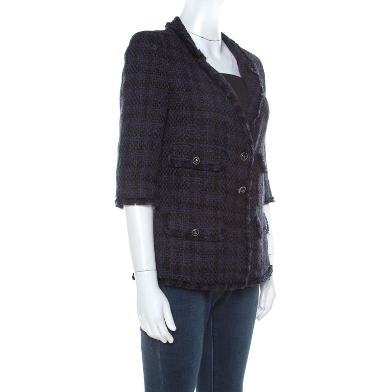 

Chanel Navy Blue Tweed Contrast Boucle Trim Classic Blazer