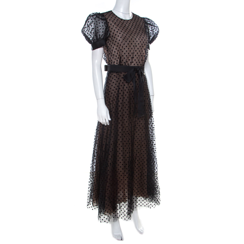 

Chanel Black Polka Dot Mesh Overlay Belted Midi Dress