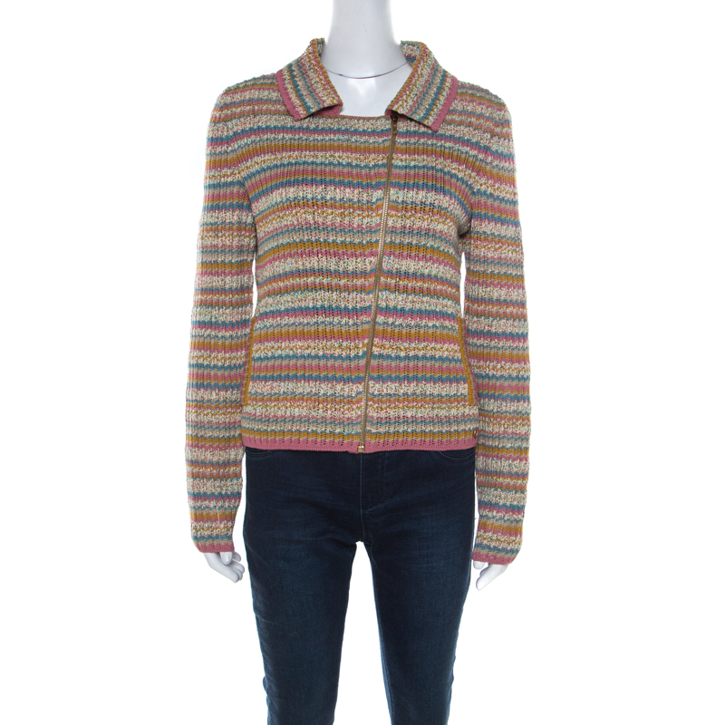 Pre Owned Chanel Multicolor Rib Knit Cotton Zip Front Jacket M