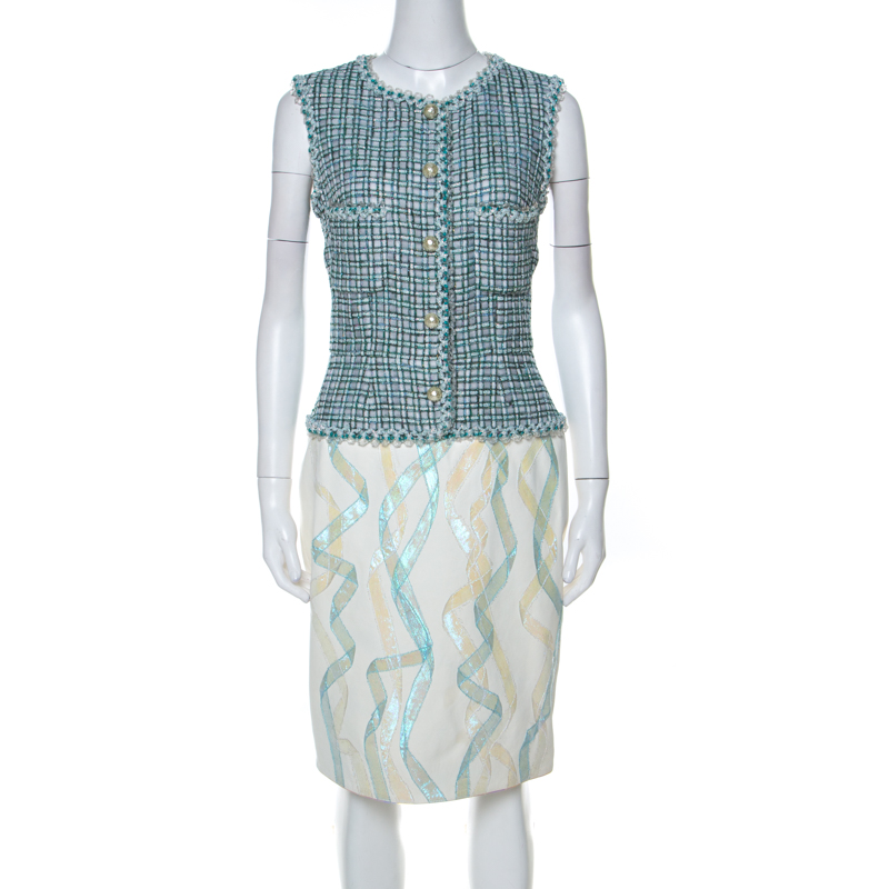 Chanel Green White Tweed And Lambskin Iridescent Detail Dress M