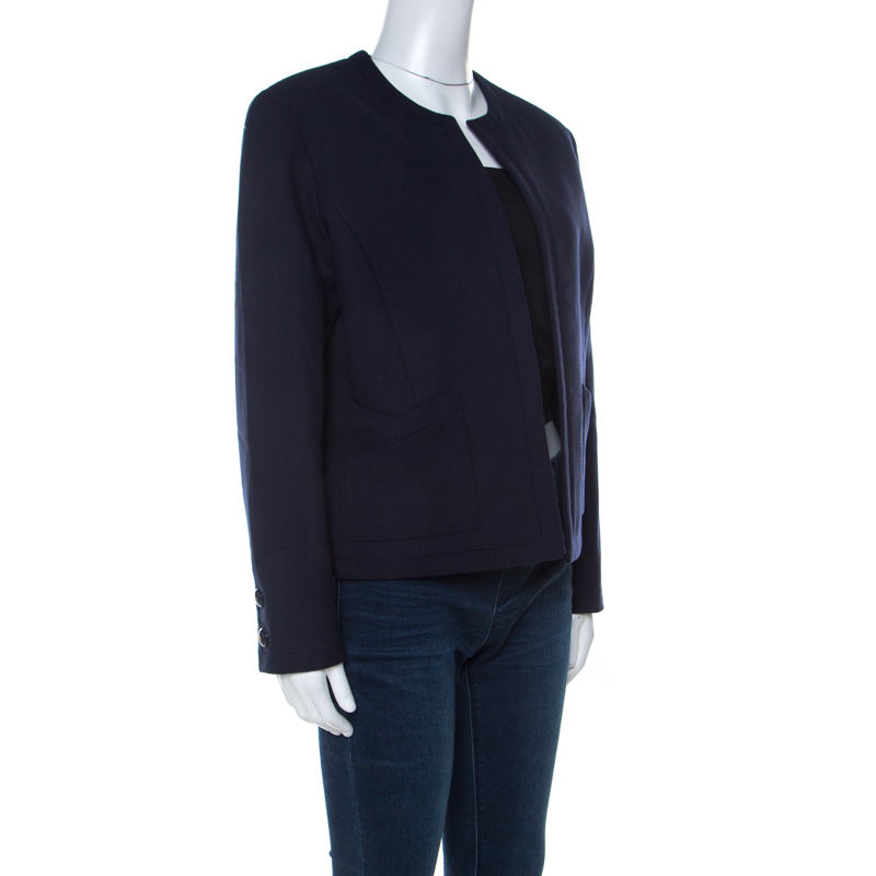 

Chanel Navy Cotton Blend Textured Jacket, Blue