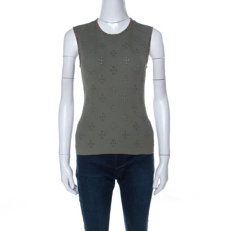 Chanel Olive Green Ribbed Knit Coco Cuba Sleeveless Top M