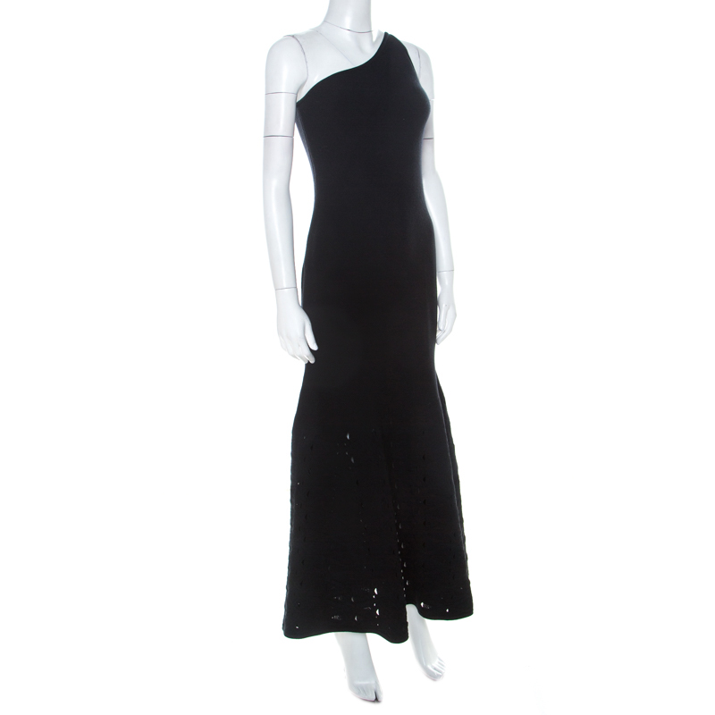 

Chanel Black Jersey One Shoulder Open Knit Flounce Hem Detail Dress