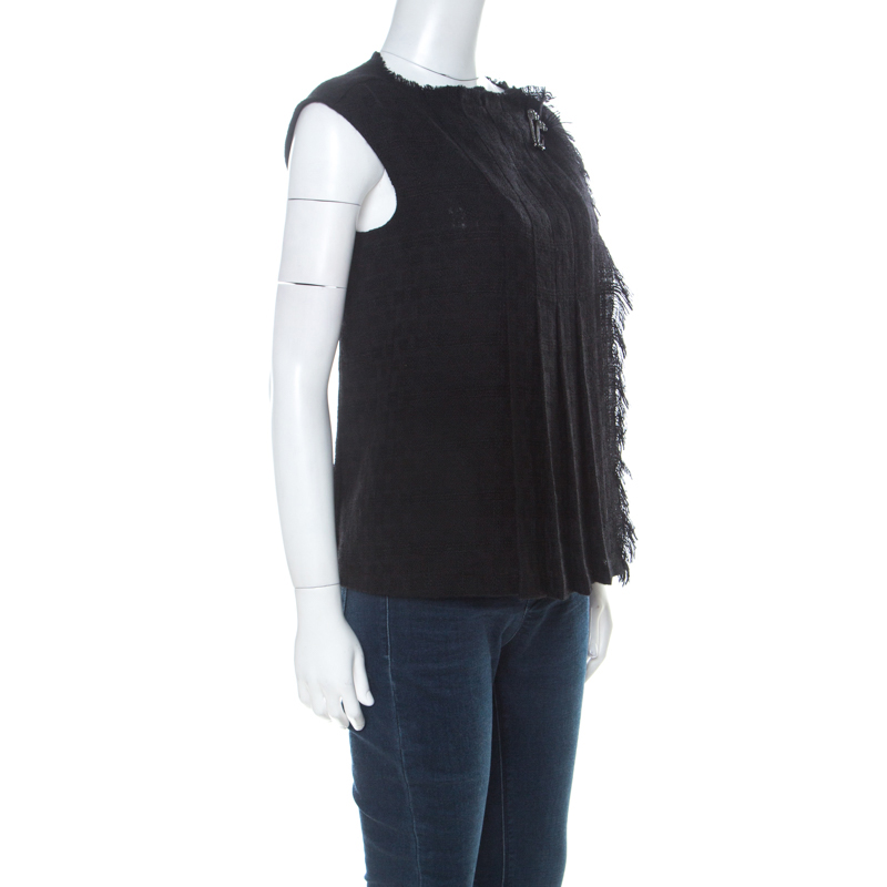 

Chanel Black Wool Fringe Edge Brooch Detail Pleated Vest