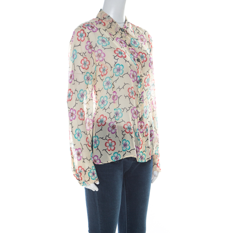 

Chanel Cream Silk Chiffon Floral Logo Printed Sheer Shirt