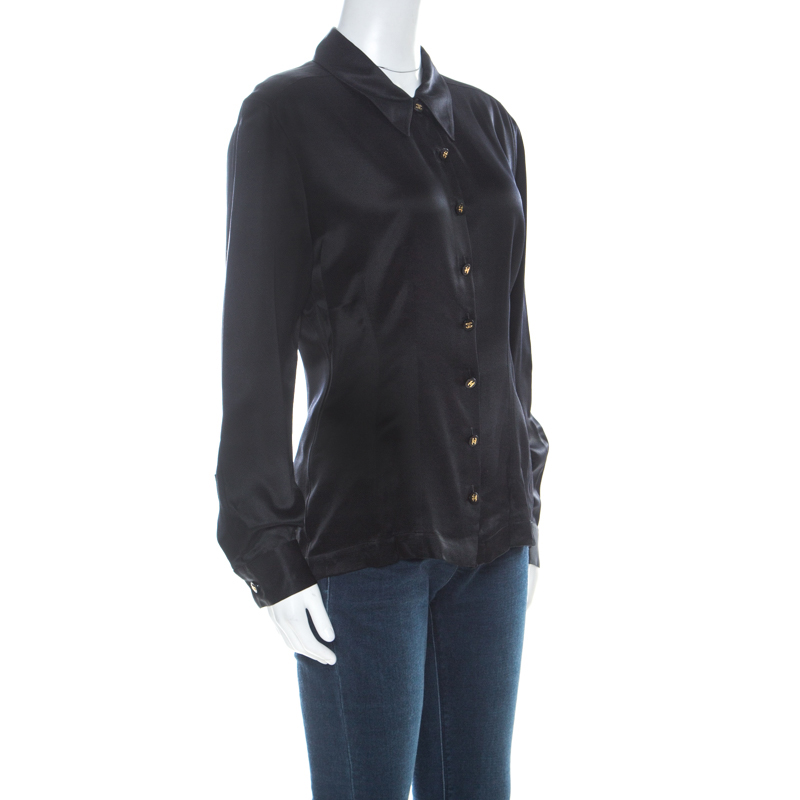 

Chanel Vintage Black Silk Satin Button Front Classic Shirt