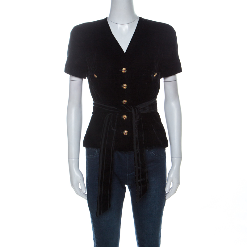 Chanel Black Velvet Stone Button Embellished Short Sleeve Belted Vintage Top M  
