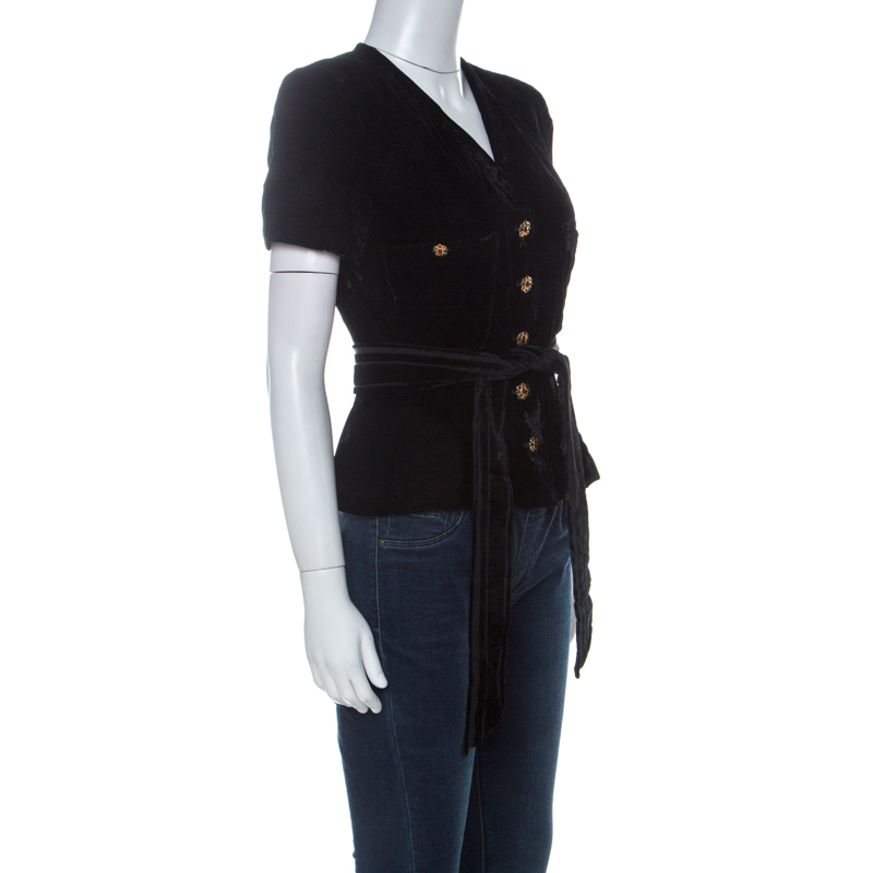 

Chanel Black Velvet Stone Button Embellished Short Sleeve Belted Vintage Top