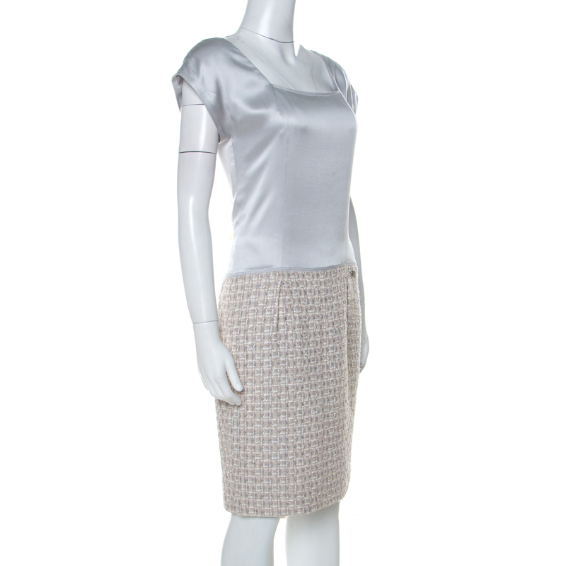 

Chanel Grey Satin And Tweed Knee Length Sheath Dress