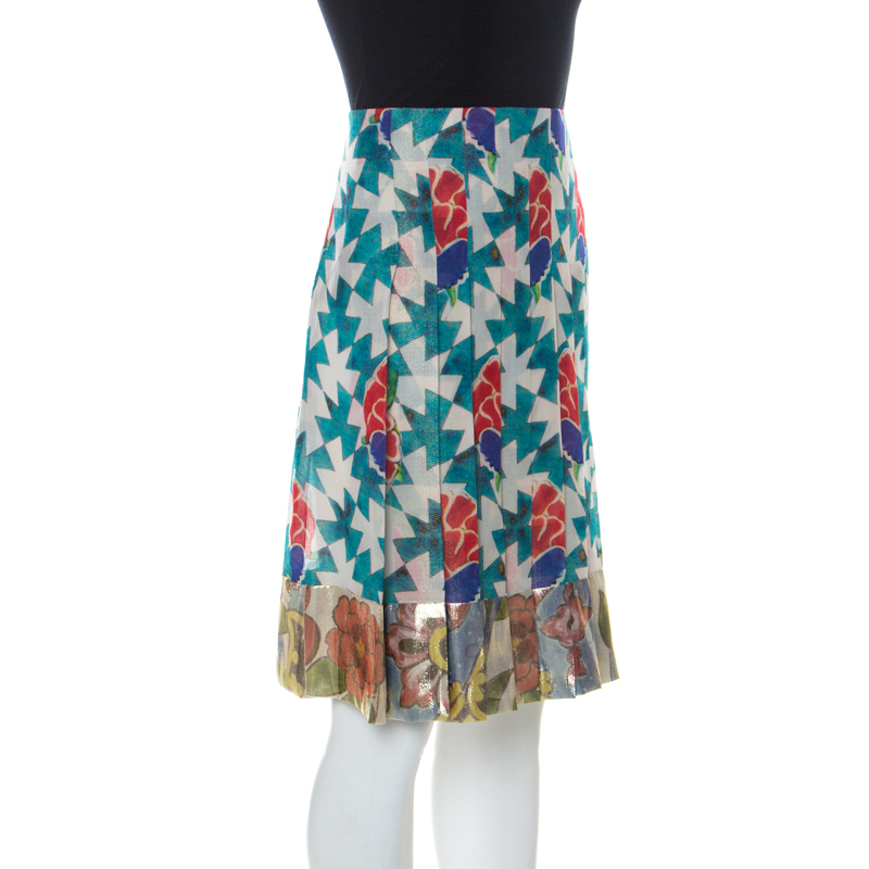

Chanel Multicolor Printed Metallic Hem Detail Pleated Skirt