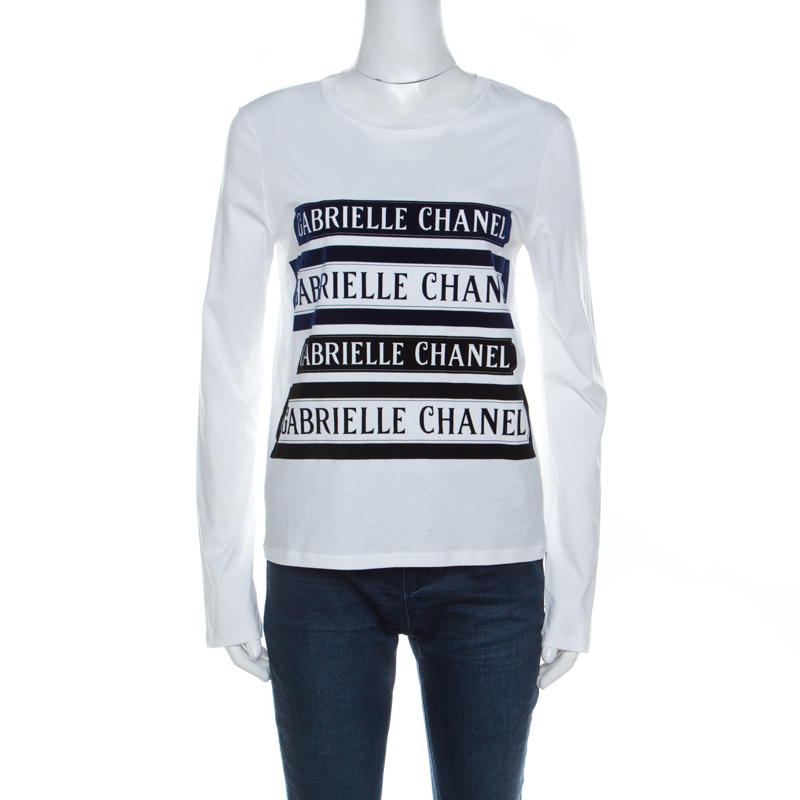 Chanel White Cotton Long Sleeve Velvet Detail Gabrielle T Shirt S