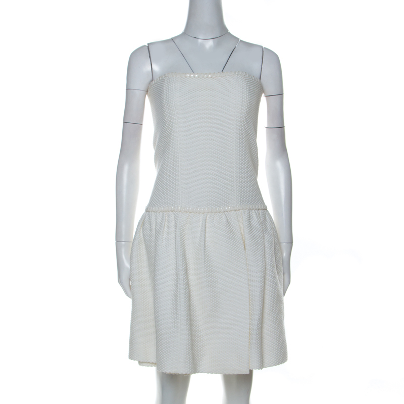 Chanel White Crochet Knit Cotton Blend Strapless Short Dress M