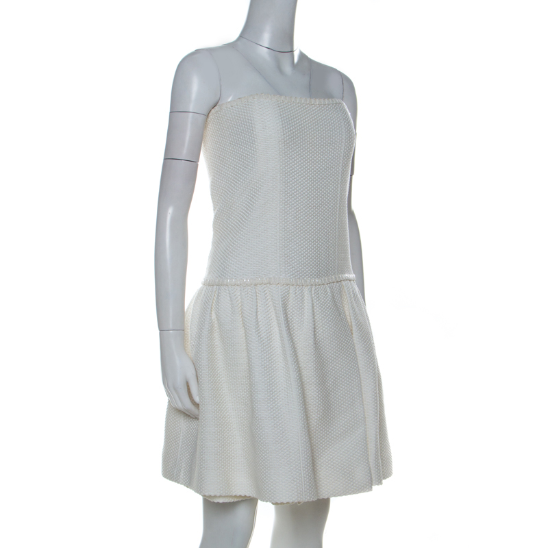 

Chanel White Crochet Knit Cotton Blend Strapless Short Dress