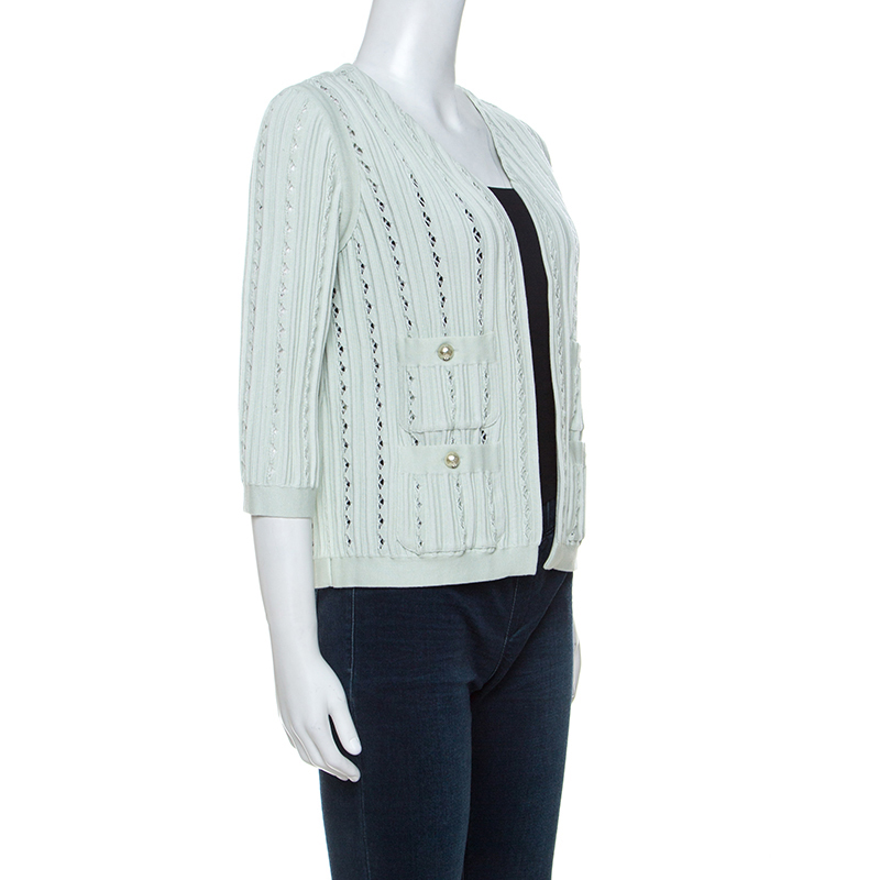 

Chanel Mint Green Cotton Blend Perforated Knit Cardigan