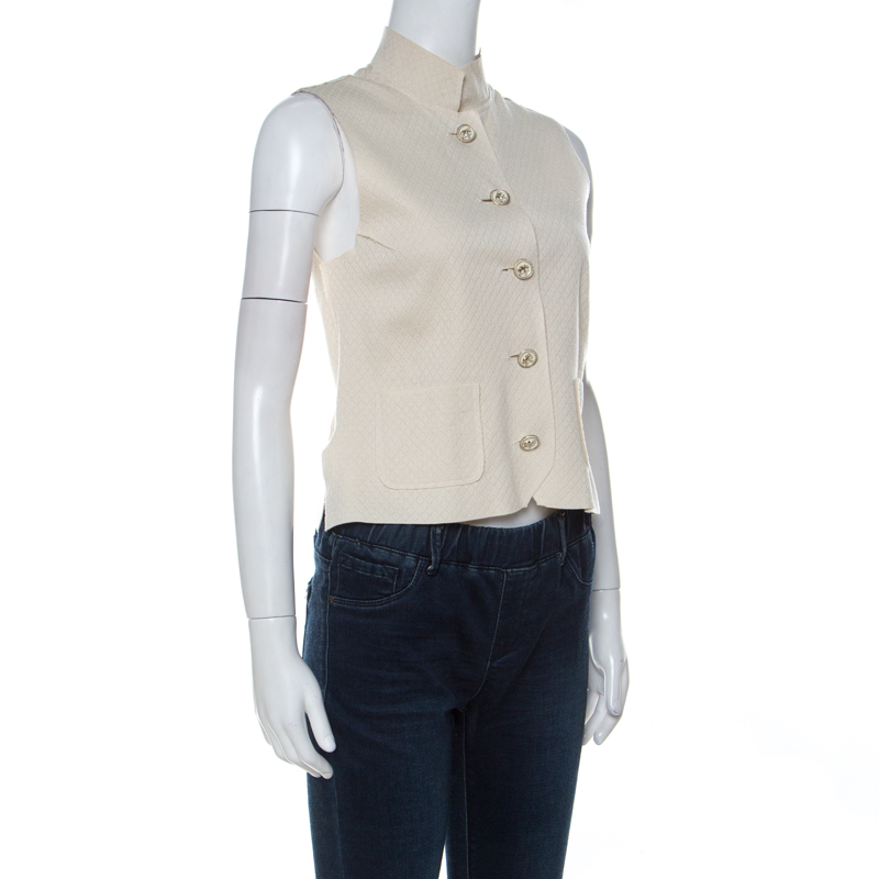 

Chanel Ivory Geometric Knit Silk Blend Mandarin Collar Vest Jacket, Beige
