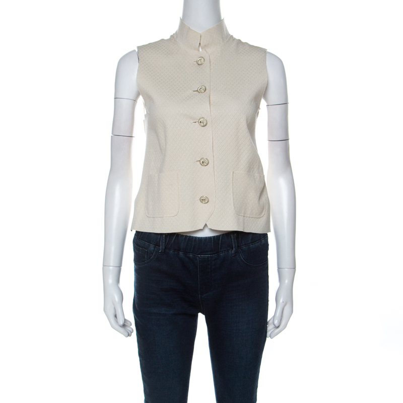 Chanel Ivory Geometric Knit Silk Blend Mandarin Collar Vest Jacket S