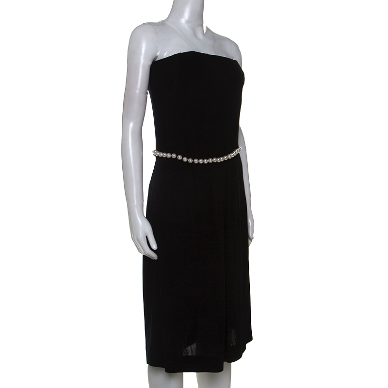 

Chanel Black Stretch Crepe Pearl belted Strapless Dress