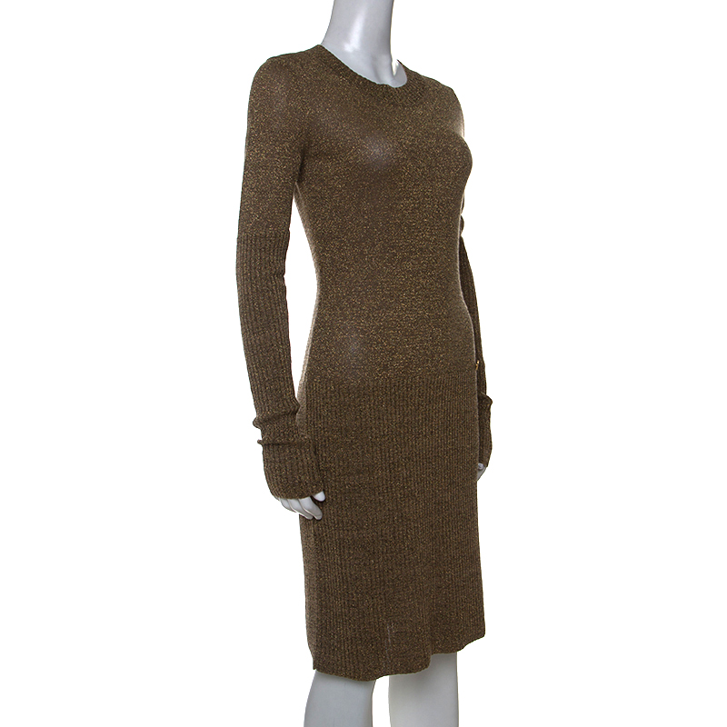 

Chanel Metallic Gold Rib Knit Long Sleeve Sweater Dress