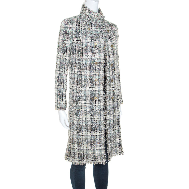 

Chanel Grey Silk Blend Tweed Frayed Edge Coat
