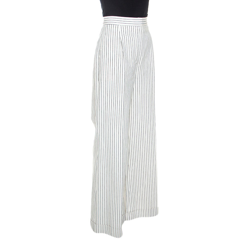 

Chanel Off White Striped Cotton Twill Wide Leg Trousers