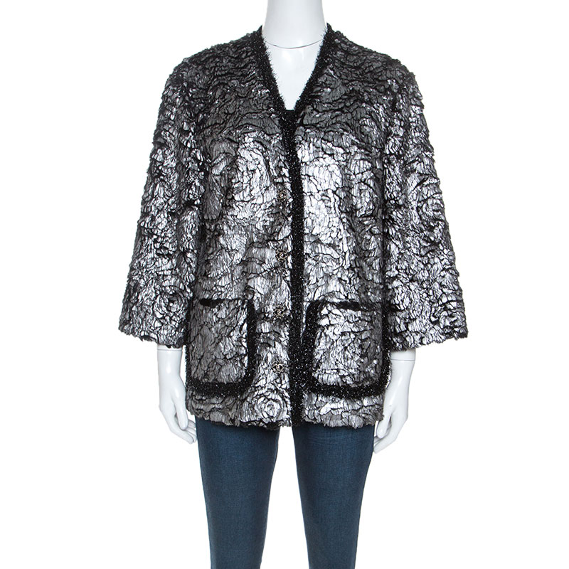 Chanel Silver and Black Lurex Trimmed Faux Fur Jacket M