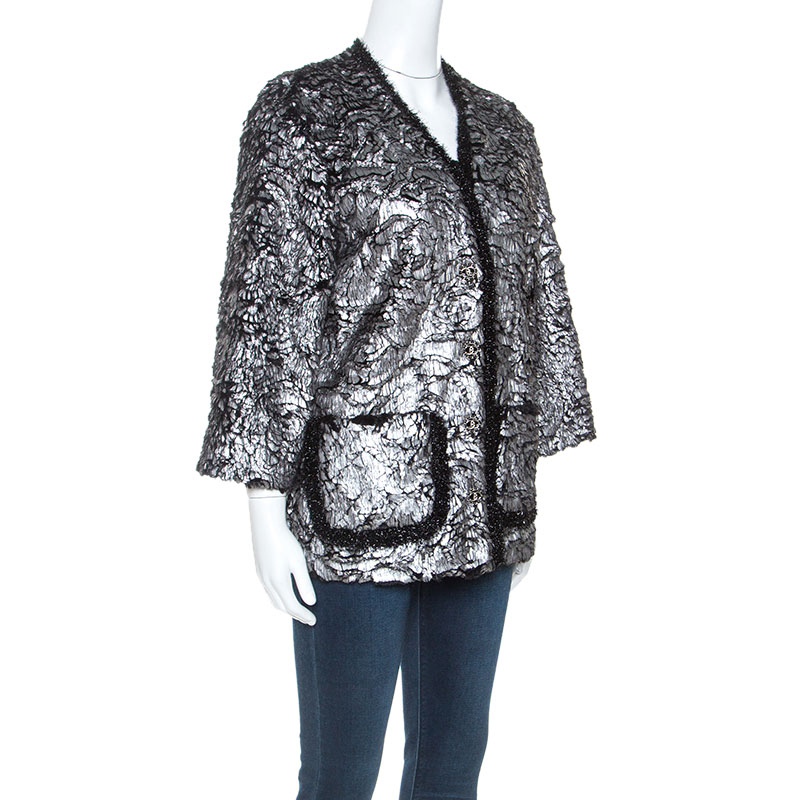 

Chanel Silver and Black Lurex Trimmed Faux Fur Jacket