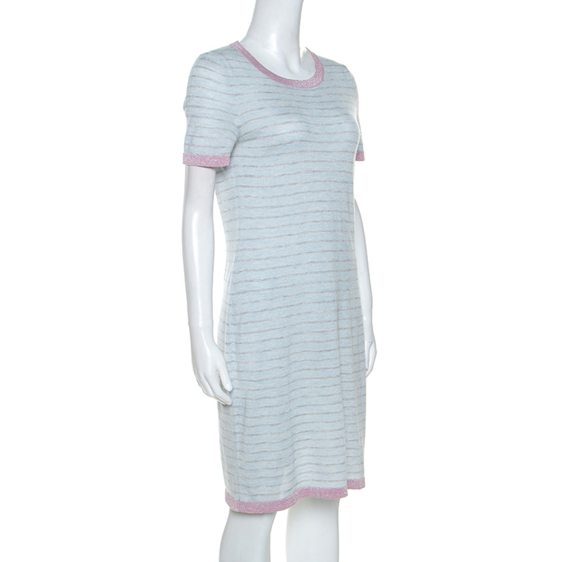 

Chanel Pale Blue Striped Cashmere Knit Logo Embroidered Dress