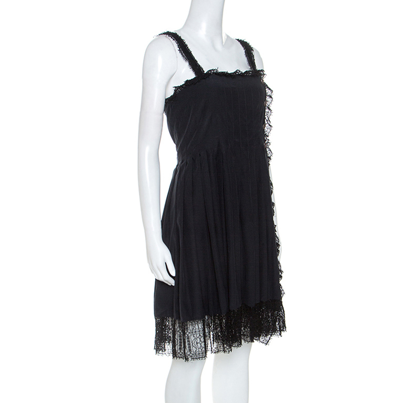 

Chanel Black Silk Lace Trim Detail Pleated Dress