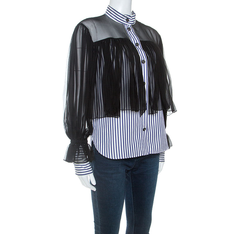 

Chanel Black Chiffon Overlay Striped Button Front Shirt
