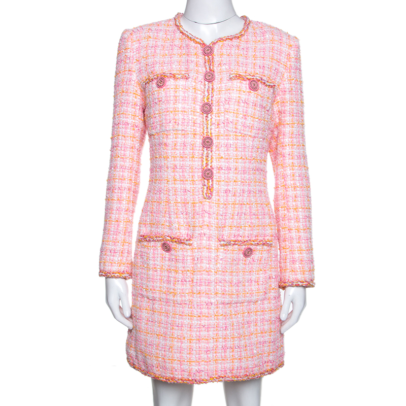 Chanel Pink Tweed Sequin Detail Long Sleeve Dress M Chanel | The Luxury ...